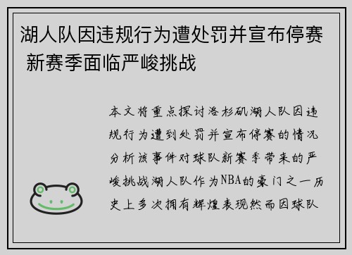 湖人队因违规行为遭处罚并宣布停赛 新赛季面临严峻挑战