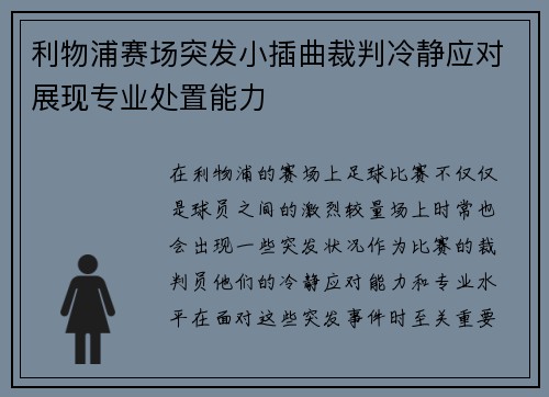 利物浦赛场突发小插曲裁判冷静应对展现专业处置能力